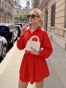Women's Fashionable Solid Color Slim-Fit Lightweight Long Sleeve Ruched Waist Shirt Dress For Spring, Summer, Autumn, Commuting - Red - View 3