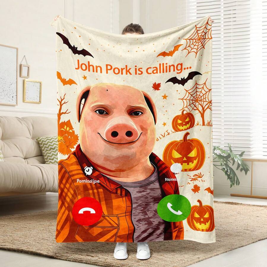 "John Pork Is Calling" Flannel Blanket - Cute Pig Pattern, Halloween Blanket - White - View 1