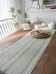 1pc Sage Green & White Woven Striped Table Runner, Rustic Country Style, Blended Material, Long Rectangular Shape With Tassel Edges And Woven Craftsmanship Details, Decorative Functional Table Runner For Daily Home Dining Table Arrangement And Fresh Natural Restaurant Decor Scenes - Green - View 3