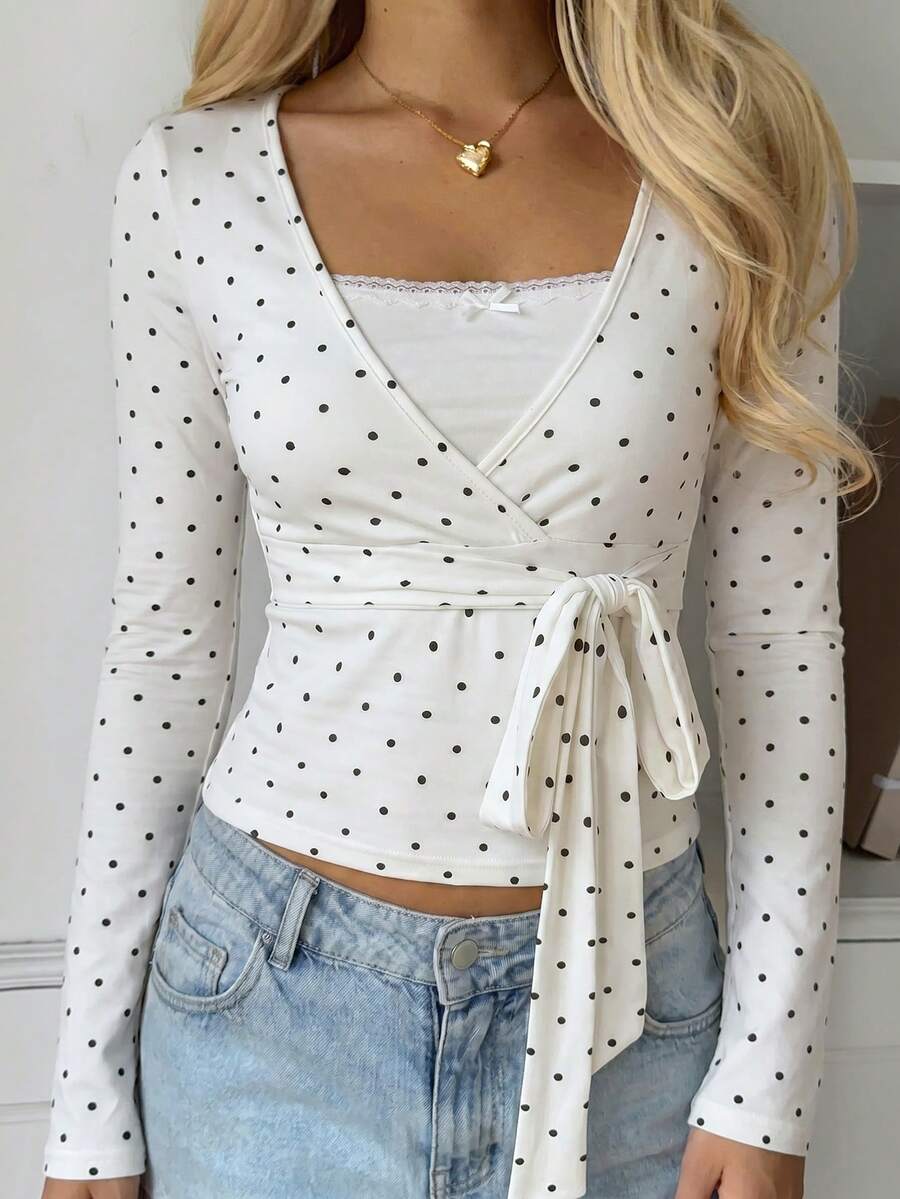 Sunny Girly Fall Y2K White Polka Dot V Neck Tie Waist Long Sleeve Tee, Slim Daily Top Perfect For Back To School Casual - White - View 1