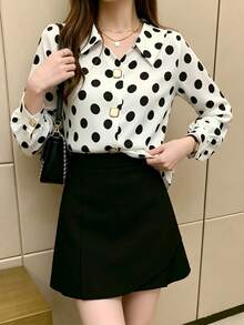 女款波點圖案時尚長袖設計成熟港風緞面襯衫 - 白色 - 查看 7