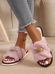 Classic Bold Striped Slip-On Open Toe Fuzzy Plush Slippers For Women, Indoor House Shoes, Autumn/Winter Fashion - Pink - View 5
