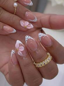 Change Your Nails With 24pcs/Set Minimalist White French Base With 3D Pink Flower, Gold Bead And Polka Dot Decoration Full Coverage Press-On Fake Nails, Includes 1pc Jelly Glue And 1pc Nail File, Perfect For All Women/Girls Daily Commute, Afternoon Tea, Ball Party Nail Art - Multicolor - View 1