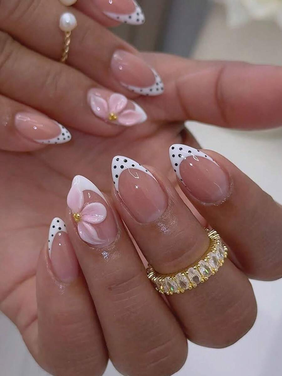 Change Your Nails With 24pcs/Set Minimalist White French Base With 3D Pink Flower, Gold Bead And Polka Dot Decoration Full Coverage Press-On Fake Nails, Includes 1pc Jelly Glue And 1pc Nail File, Perfect For All Women/Girls Daily Commute, Afternoon Tea, Ball Party Nail Art - Multicolor - View 1