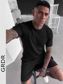 GRDR 男士夏季圆领纯色短袖针织衫，适合夏季外出，时尚造型必备单品 - 黑色 - 查看 4