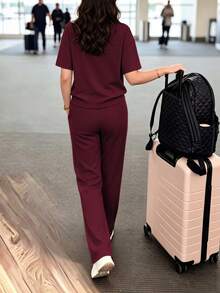 女款休閒兩件套，圓領T恤搭配微彈性長褲，舒適居家服套裝，附口袋，優雅夏季款 - 酒紅色 - 查看 5