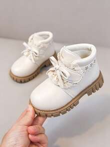 1 Pair Kids Fashion New Smooth PU Material Hook And Loop Design Easy To Wear Bow Decor Non-Slip Soft Durable Outdoor Girls Boots Suitable For School Outdoor Daily Wear School Shoes - Beige - View 1