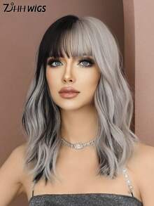 7JHH WIGS Two Tone Silver Pink Curly Bob Wigs For Women 16 Inch Shoulder Length Wavy Wig With Bangs Synthetic Heat-Resistant Fiber Colorful Costume Wig For Cosplay Wear, Party, Halloween Use( Silver & Black ) - Multicolor - View 5