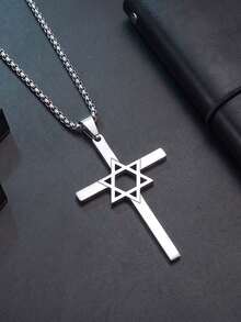 Minimalist Golden Cross Necklace With Star Detail, Fashion Statement Pendant Chain, Elegant Street Style Jewelry Gift For Daily Wear - Silver - View 9