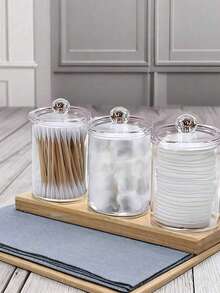3pcs Bathroom Cabinet Acrylic Wet Wipes And Cotton Pads Storage Set, With Bamboo Lid - Transparent Plastic Cotton Swabs And Cotton Pads Storage Box, With Bamboo Tray - A - View 5