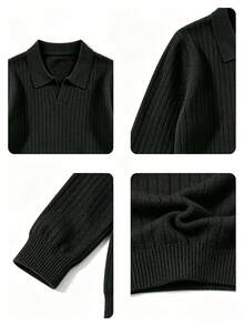 Tween Boys Ribbed Polo Neck Knit Sweater, Solid Long Sleeve Casual Pullover - Black - View 5