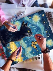 1pc Adult Digital Oil Painting, Cat Under Starry Sky Oil Painting Set, Canvas Material, Adult Digital Oil Painting Set, Home Decor Painting - Frameless - View 3
