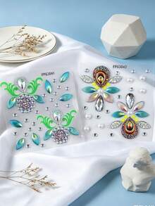 2pcs Floral & Leaf Face Rhinestone Sticker Set, Fluorescent Vine & Gold Glitter Rhinestone Mix, Suitable For Daily Commute, Student Campus, Beach Picnic, Light Fairy Makeup - Multicolor - View 10