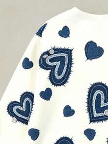 Tween Girl Heart Print Crew Neck Sweatshirt And Flare Pants Casual Set - White - View 4