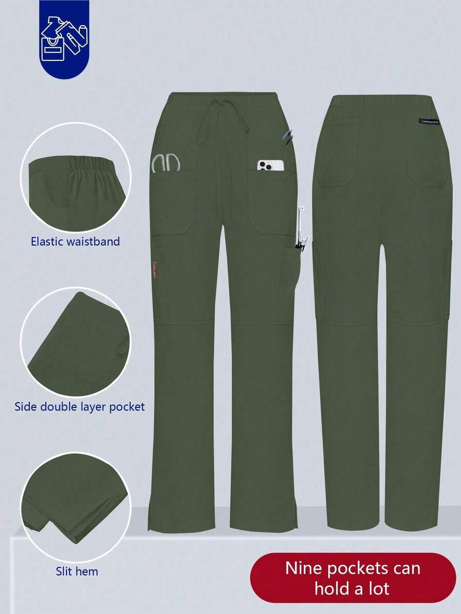 Pantalones de mujer/enfermería, pantalones cómodos, pantalones de unicolor y de bolsillos múltiples simples para primavera - Verde Oscuro - Ver 1