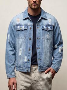 Men's Fashion Casual Street Distressed Multi-Pocket All-Match Denim Jacket, American Versatile Minimalist College Style Autumn/Winter Denim Outerwear - Light Wash - View 1
