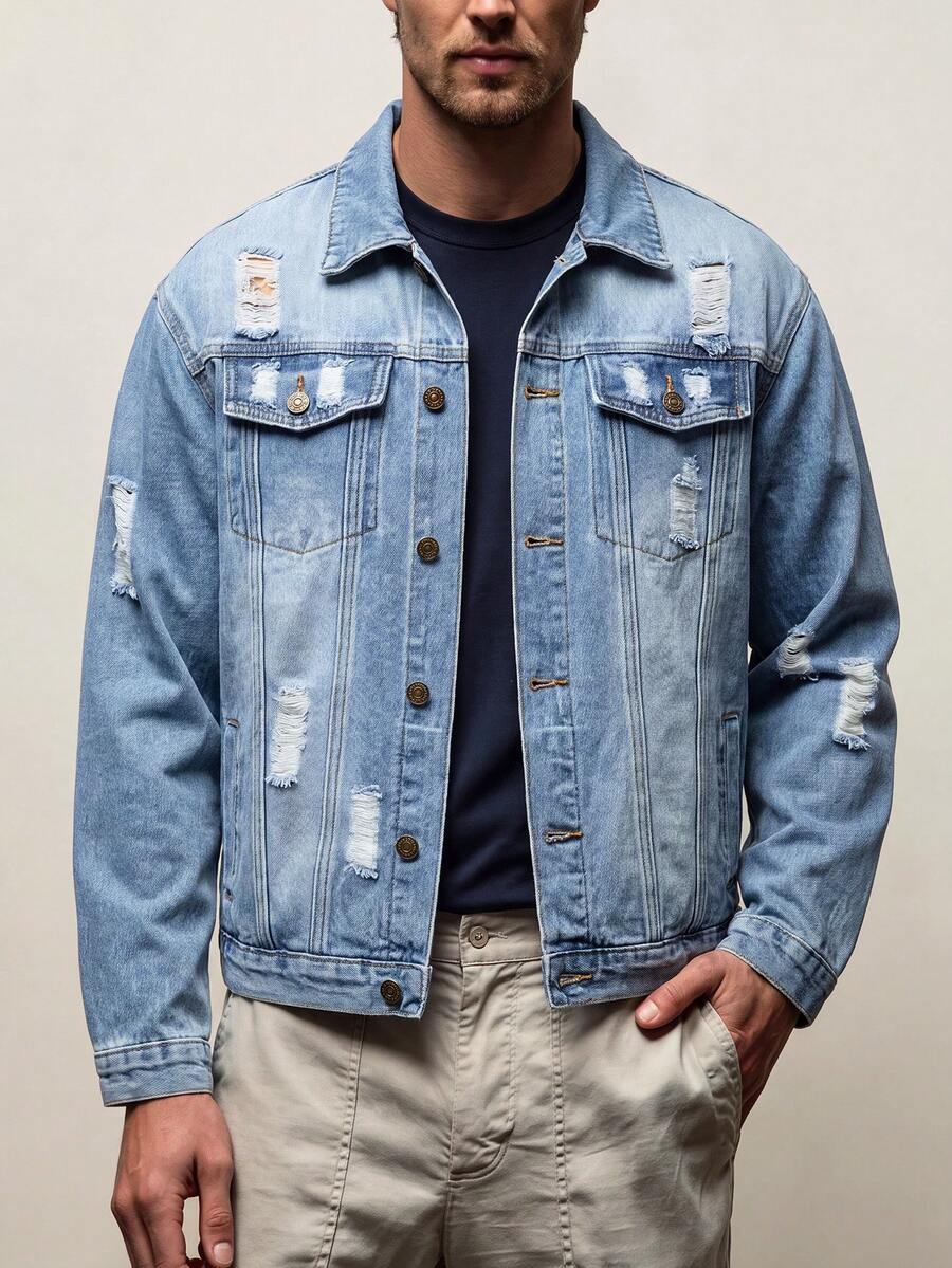 Men's Fashion Casual Street Distressed Multi-Pocket All-Match Denim Jacket, American Versatile Minimalist College Style Autumn/Winter Denim Outerwear - Light Wash - View 1