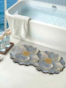 1/3pcs Bathroom Non-Slip Absorbent Floor Mat Set, Silver Grey Floral Pattern Cute Door Mat, Diatomaceous Earth Mat, Vintage Pattern Bathroom, U-Shaped Toilet Mat, Sink Absorbent Foot Mat, 3.6mm Thickness - Silver-gray Flowers - View 1
