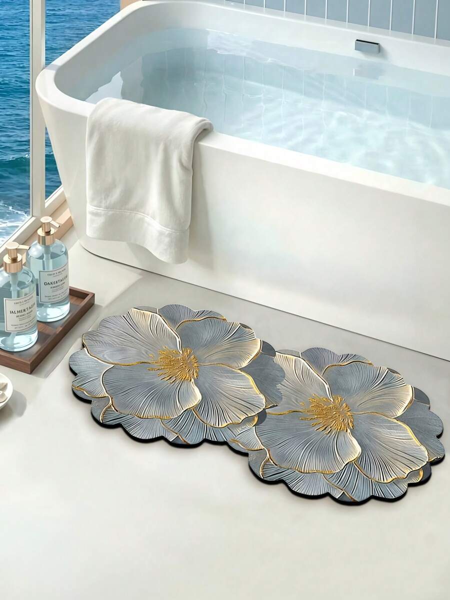 1/3pcs Bathroom Non-Slip Absorbent Floor Mat Set, Silver Grey Floral Pattern Cute Door Mat, Diatomaceous Earth Mat, Vintage Pattern Bathroom, U-Shaped Toilet Mat, Sink Absorbent Foot Mat, 3.6mm Thickness - Silver-gray Flowers - View 1