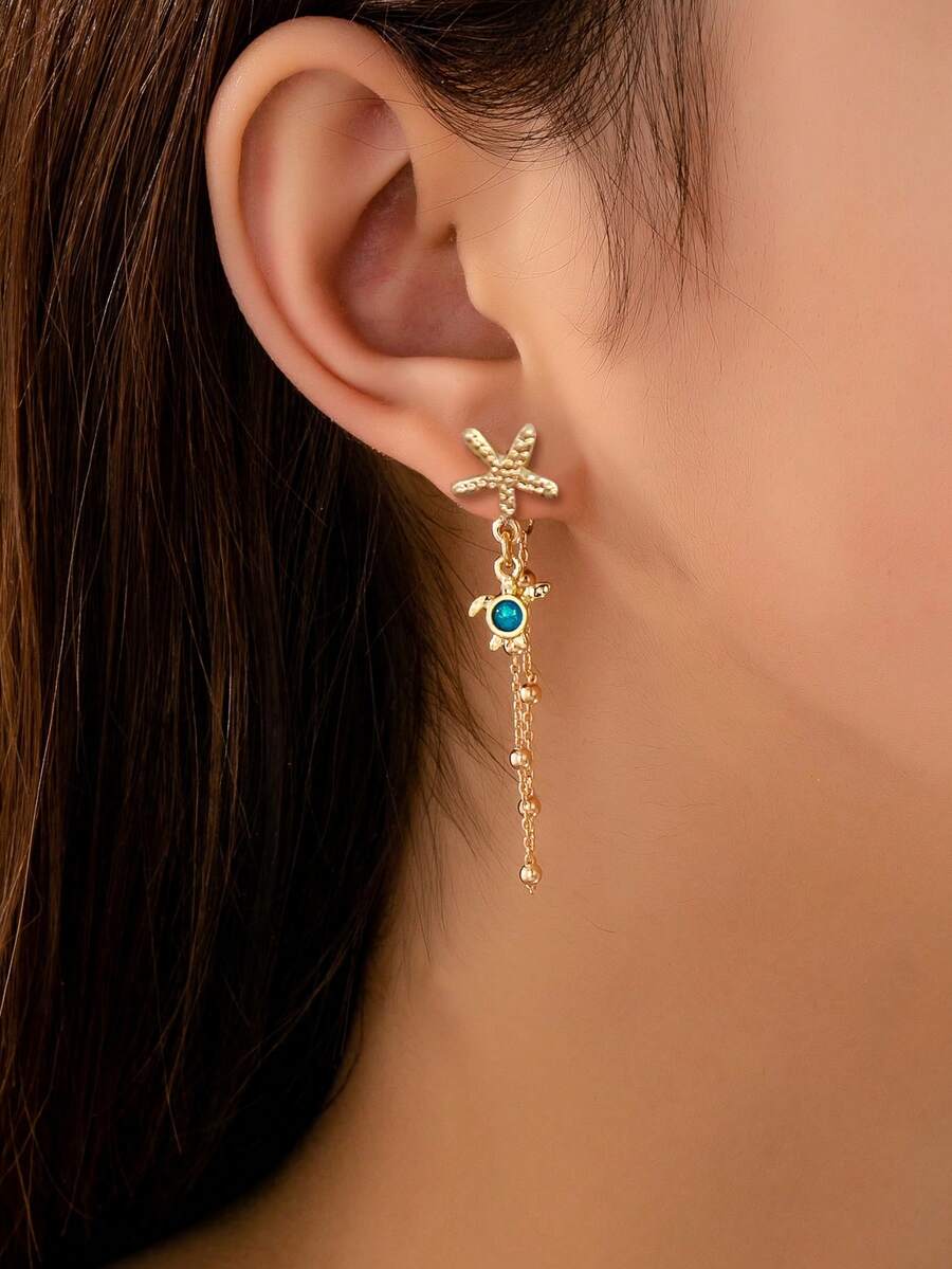 1 Pair Ocean Theme Turtle & Starfish Earrings, Minimalist Front & Back Chain Earrings, Bohemian Style Beach Jewelry - Multicolor - View 1