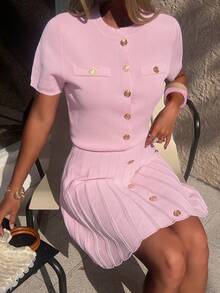 FOR BEAUTY Spring/Summer Women's Pink Round Neck Short Sleeve Knit Top With Pleated Skirt, Elegant Two Pieces Knit Set,Suitable For Parties And Dates - Pink - View 7