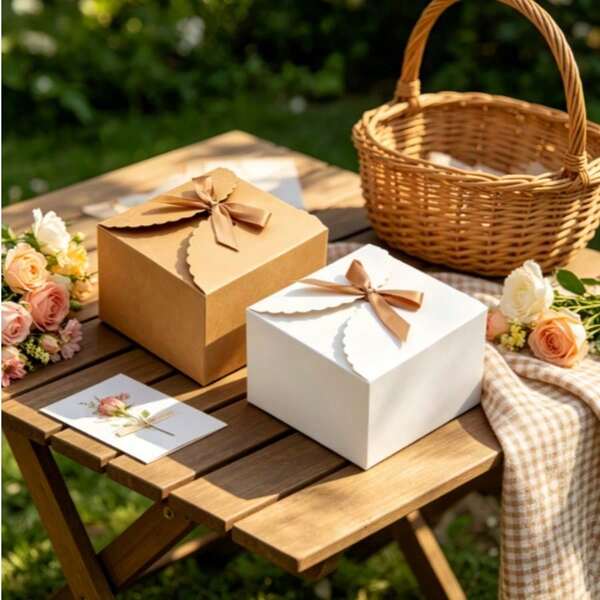 1 Set Kraft Paper Gift Boxes With 30g Colorful Raffia Grass, 10 Kraft Paper Boxes + 30g Colorful Raffia Grass/Set, With Ribbon Tie, Suitable For Birthday Party, Wedding, Holiday Party, Vintage Party, Gift Packaging Decoration