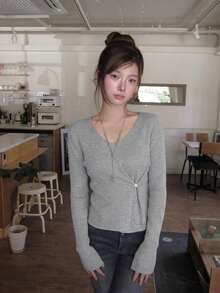YCYC Spring/Autumn Elegant Slimming Front Slit Long Sleeve Top - Grey - View 1