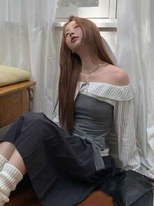 Sweet & Spicy 2 In 1 Patchwork Slim Fit Tie-Front Shirt Tops (Random Stripes) - Grey - View 2