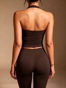 XLLAIS Top sexy de color liso con cuello en V, espalda descubierta y tirantes halter - Marrón oscuro - Ver 8
