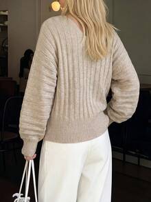 Women Autumn Deep V Neck Ribbed Knit Sweater Batwing Sleeve Khaki Loose Tops Fashion Daily Holiday Outfits Fall Clothes Women Fall Outfits - Camel - View 2