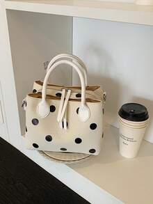 MEINCHOLY Woven Texture PU Handbag Crossbody Bag, Cream White With Black Polka Dot Minimalist Small Square Bag, All-Season Bestseller, Suitable For Daily Commute, Shopping, Sweet Date, Short Trip, Afternoon Tea Gathering, Targeted At 18-40 Years Old White-Collar, Moms, Students, Teachers, Gentle Girls, Dual Short Handles + Adjustable Wide Crossbody Strap As Differentiated Selling Point, Fresh Girly Style High-Traffic Gift Bag For Women - White - View 4