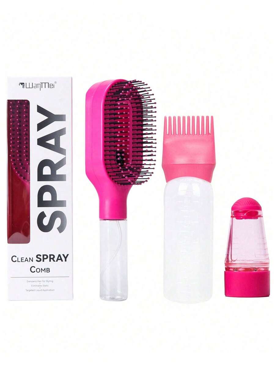 WANMEI 3-In-1 Clean Spray Hair Comb Kit, Spray Detangling Hair Brush, Refillable Spray Hair Brush, Scalp Massage Hair Comb, Hair Oil Applicator Comb, Fine Mist Spray Hair Styling Brush, All-In-One Hair Care Spray Comb Set