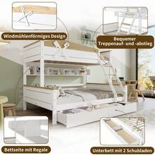 Double Bed Frame With Windmill, With Shelves, Children's Bed, With Colorful Safety Net, With 4-Step - Natural and White - 查看 4