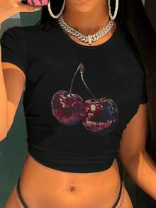 Women's Solid Color - Black Cropped: Cherry Disco Dream: Women's Black Cropped, Adorned With Shiny Pixel Pearls - Easy To Maintain, Suitable F - Black - View 6