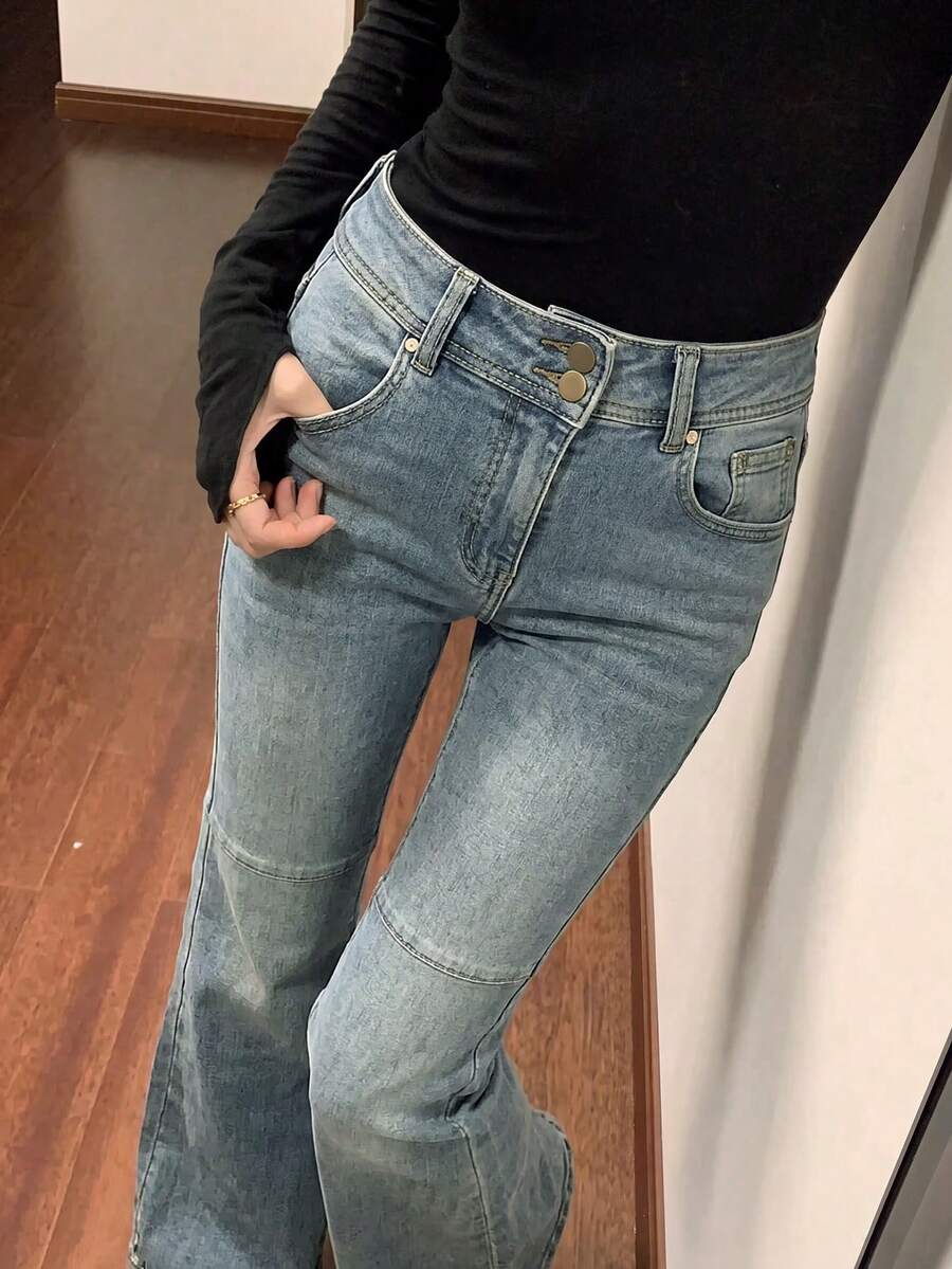 Women's Vintage Casual Commute Versatile Double Button Flare Jeans, Autumn/Winter Outfit - Retro Blue - View 1