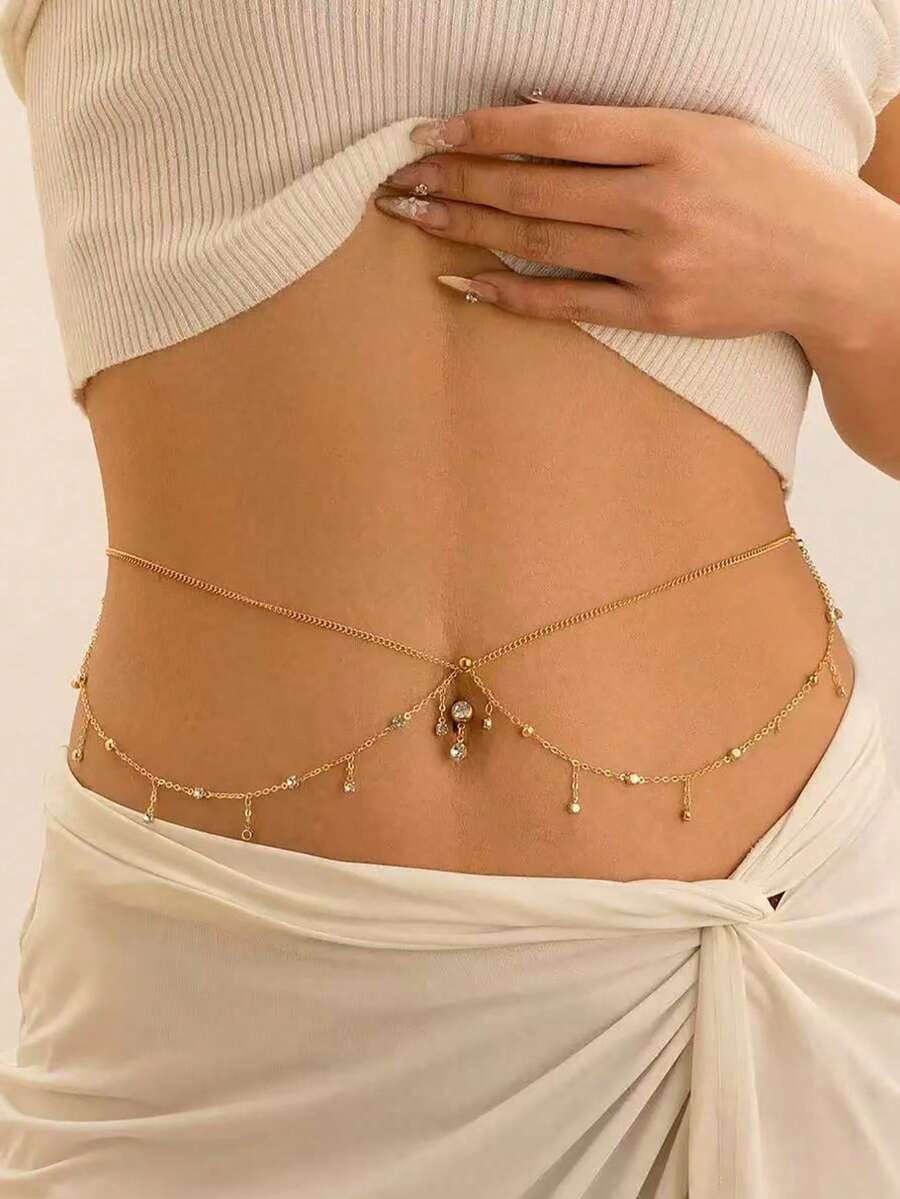 1pc Summer Vacation Style Gold Multi-Layer Chain Waist Belt, Delicate Body Chain With Navel Piercing, Unique Design Elegant Accessory For Engagement, Wedding, Party, Festival, Gift For Friends And Loved Ones (Handmade, Random Number Of Rhinestones) - Gold - View 1