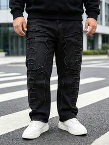 Men's Plus Size Loose Wide Leg Black Denim Jeans, Vintage Frayed Patchwork Distressed Denim Pants, Street Style Casual Wear For Multiple Occasions - Black - View 4