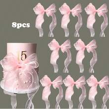4pcs/8pcs Pink Pre-Tied Organza Bows, Ribbon Mesh Bow Decorations For Birthday Party, Christmas Gift Wrapping, Champagne Bottle, Cake, Candy Bag, Craft Party Decor - 8Pcs - View 1