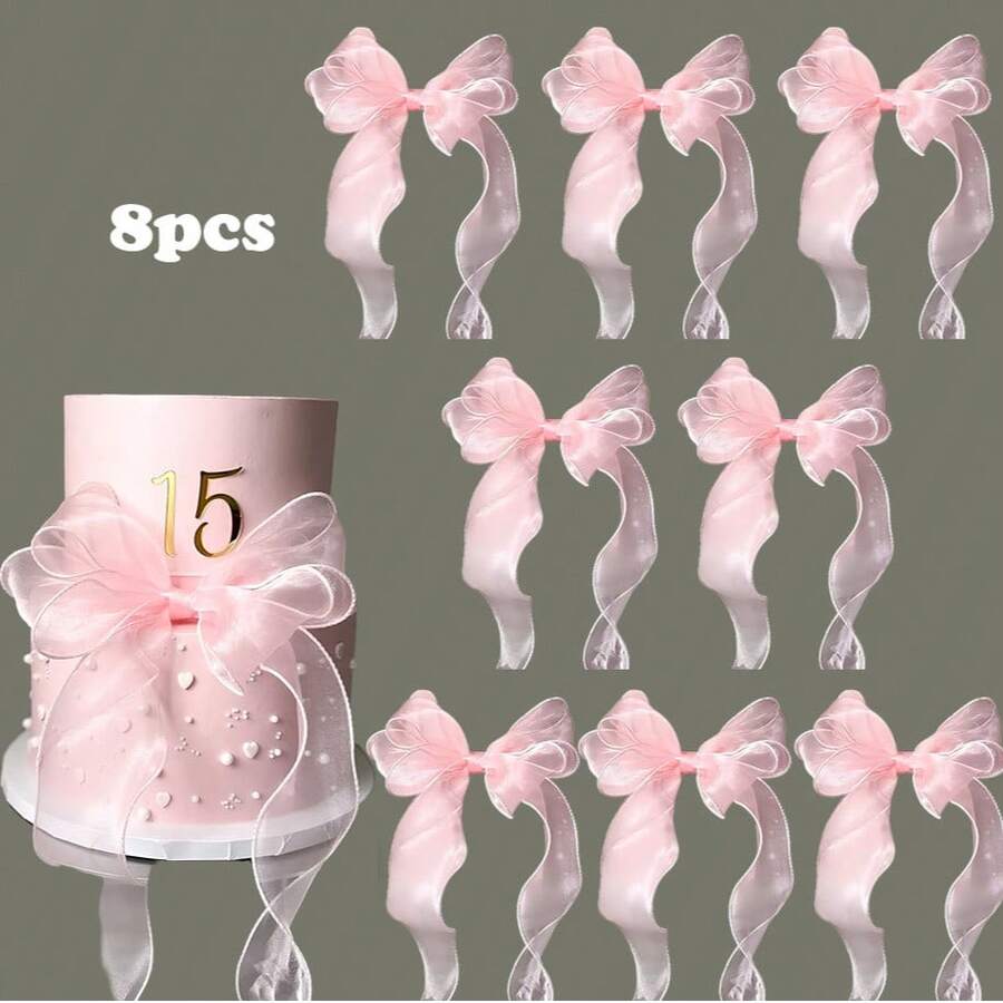 4pcs/8pcs Pink Pre-Tied Organza Bows, Ribbon Mesh Bow Decorations For Birthday Party, Christmas Gift Wrapping, Champagne Bottle, Cake, Candy Bag, Craft Party Decor - 8Pcs - View 1