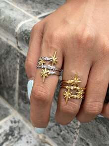 1pc 3-Layer Polaris Open Ring, Zirconia Inlaid Multi-Layer Star Adjustable Ring, Stainless Steel Personalized Women's Index Finger Accessory - Multicolor - View 2