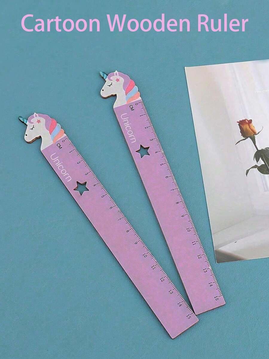 1pc Cute Cartoon Wooden Ruler With Star And Moon Design, Student Drawing And Drafting Tool, Office Supplies, 15cm/5.9in, First Day Of School - Multicolor - View 1