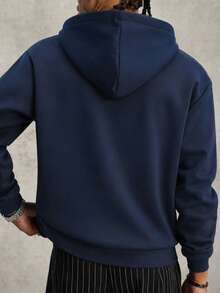 Men's Navy Blue Fleece Lined Hooded Sweatshirt, Solid Color Snap Button Half Placket, Long Sleeve Casual Sportswear, Regular Fit, Suitable For Autumn/Winter - Royal Blue - View 2