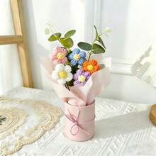 1pc Handmade Crochet Artificial Flower Bouquet, Includes Fabric And Knitted Artificial Flowers, With Paper Vase, 5 Crochet Flowers, Suitable For Mom, Friends, Teachers, Bedroom Home Decor, Halloween, Christmas, Anniversary, Birthday Gift - Multicolor - View 7