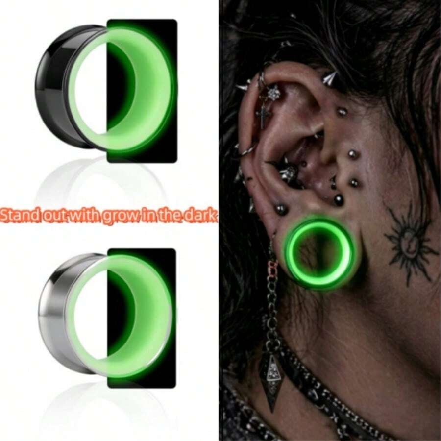 2PCS Glow In The Dark Two-Tone Stainless Steel Horn Fit Ear Tunnels, Hypoallergenic Body Piercing Jewelry, Cyberpunk Design Jewelry - Round - View 1