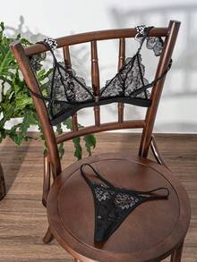 2 pezzi/Set Completo di Reggiseno e Slip in Pizzo Floreale Stile Francese alla Moda per Donna - nero - Visualizzare 7