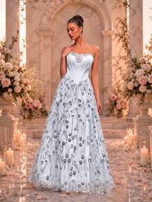 VIPGIRL Nuevo vestido de noche formal elegante con corsé sin tirantes, blanco, con pedrería pesada y cristales, vestido de novia para mujer, decorado con apliques de cuentas y para fiestas - Blanco - Ver 1