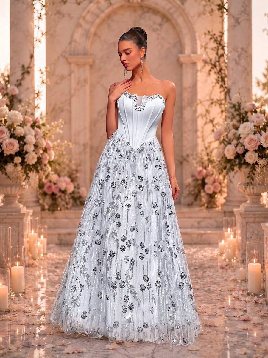 VIPGIRL Nuevo vestido de noche formal elegante con corsé sin tirantes, blanco, con pedrería pesada y cristales, vestido de novia para mujer, decorado con apliques de cuentas y para fiestas - Blanco - Ver 1
