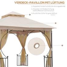 Carpa de jardín, 295 x 295 x 275 cm, con doble techo, mosquitera, 8 ojales en los aleros, buena circulación de aire, poliéster, beige + negro en el lugar. - Beige + Metal - Ver 4