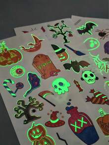 12pcs Halloween Glow-In-The-Dark Temporary Tattoo Stickers, Cute Cartoon & Scary Designs, Waterproof Face And Body Decals For Halloween Family Party, Cosplay, Face And Body Decoration - Multicolor - View 8