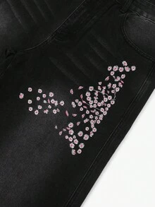 New Men's Black Wide Leg Loose Fit Denim Jeans With Floral Embroidery Street Style Casual Long Pants All Season - Black - View 7